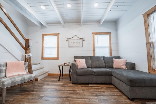 948 Sunny Slope Rd, Edgemont, AR 72044 - living room with stairway, plenty of natural light, beamed ceiling, and dark wood-type flooring