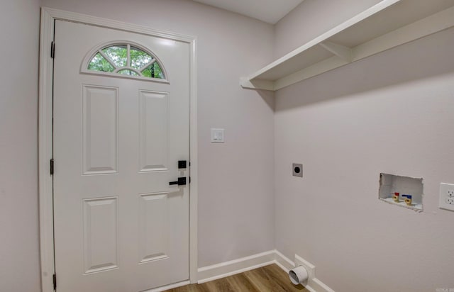 1114 Edgehill Dr, Benton, AR 72015 - washroom with electric dryer hookup, wood finished floors, hookup for a washing machine, and baseboards