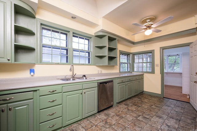 111 Thayer St, Little Rock, AR 72205 - kitchen featuring stainless steel dishwasher, a sink, open shelves, a ceiling fan, and baseboards
