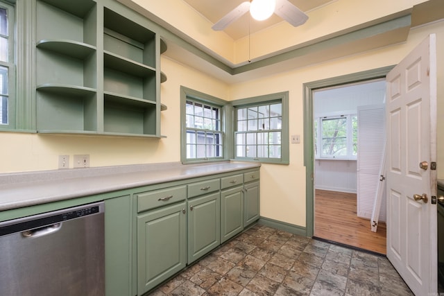 111 Thayer St, Little Rock, AR 72205 - kitchen with dishwasher, green cabinetry, baseboards, dark stone finish floors, and a ceiling fan