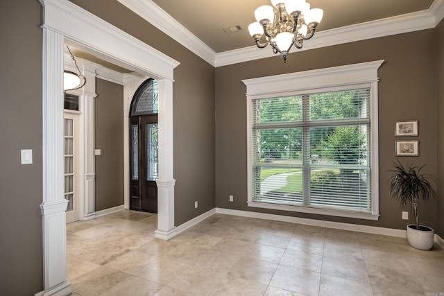 126 Manitou Dr, Maumelle, AR 72113 - unfurnished room with a chandelier, healthy amount of natural light, ornamental molding, baseboards, and decorative columns