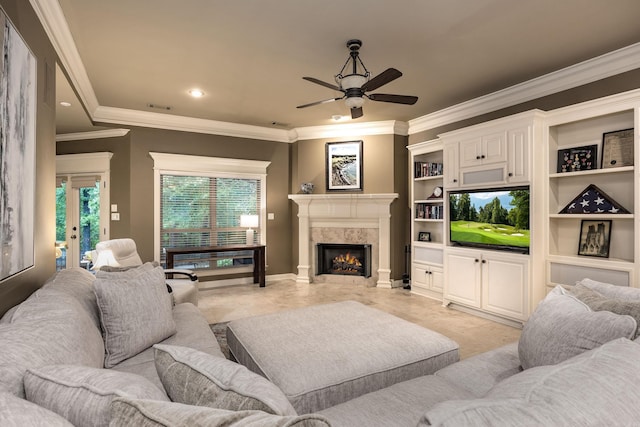 126 Manitou Dr, Maumelle, AR 72113 - living room with ornamental molding, ceiling fan, a high end fireplace, and recessed lighting