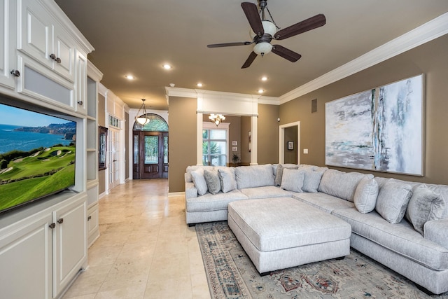 126 Manitou Dr, Maumelle, AR 72113 - living area featuring ornamental molding, recessed lighting, light tile patterned floors, ceiling fan, and built in shelves