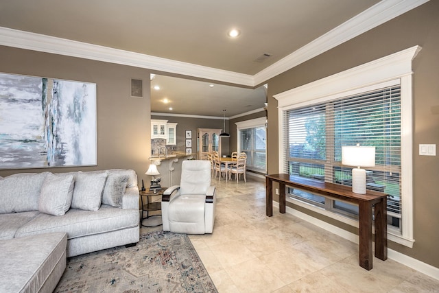 126 Manitou Dr, Maumelle, AR 72113 - living area featuring crown molding, recessed lighting, light tile patterned floors, and baseboards