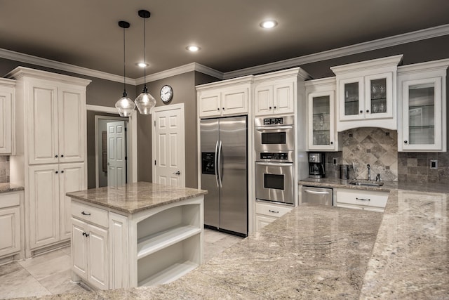 126 Manitou Dr, Maumelle, AR 72113 - kitchen with appliances with stainless steel finishes, tasteful backsplash, light stone countertops, open shelves, and ornamental molding