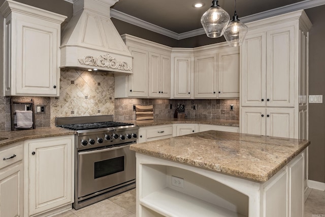 126 Manitou Dr, Maumelle, AR 72113 - kitchen with high end stove, premium range hood, open shelves, light stone counters, and decorative light fixtures
