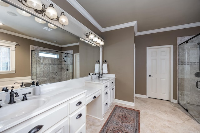 126 Manitou Dr, Maumelle, AR 72113 - bathroom with healthy amount of natural light, a shower stall, double vanity, and crown molding
