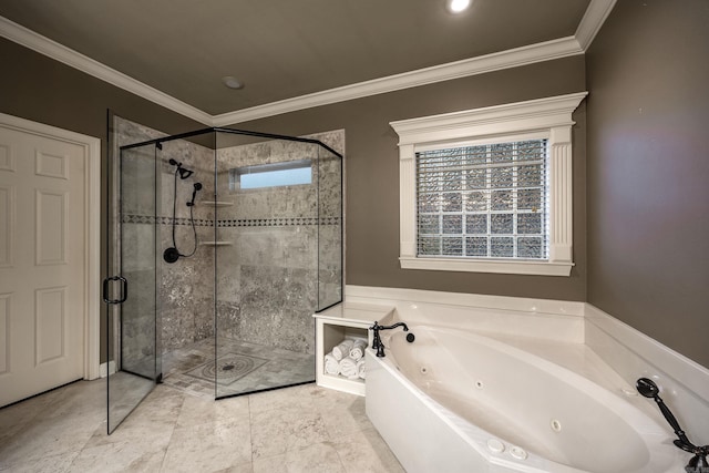 126 Manitou Dr, Maumelle, AR 72113 - bathroom with a jetted tub, a shower stall, and crown molding