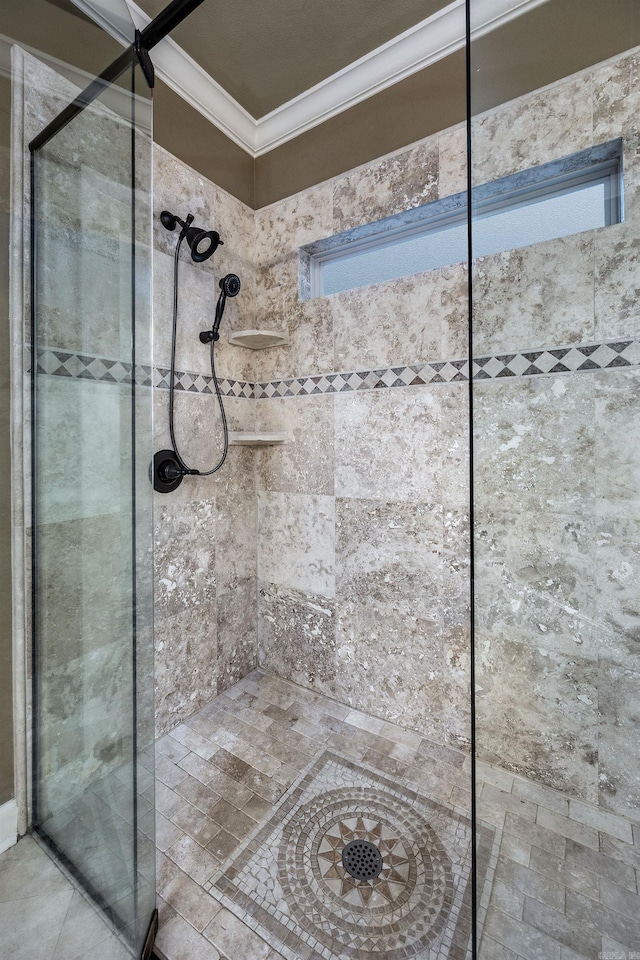 126 Manitou Dr, Maumelle, AR 72113 - bathroom with ornamental molding, tiled shower, and healthy amount of natural light