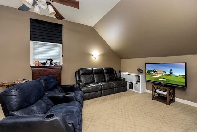 126 Manitou Dr, Maumelle, AR 72113 - carpeted living area featuring ceiling fan, lofted ceiling, and baseboards