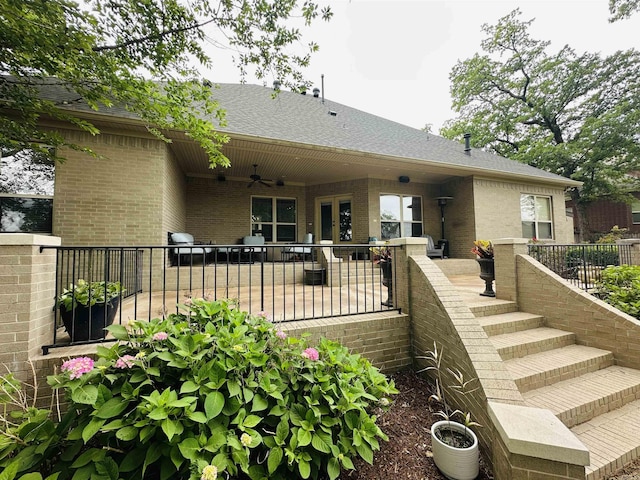 126 Manitou Dr, Maumelle, AR 72113 - rear view of house with a ceiling fan, brick siding, roof with shingles, a patio, and fence