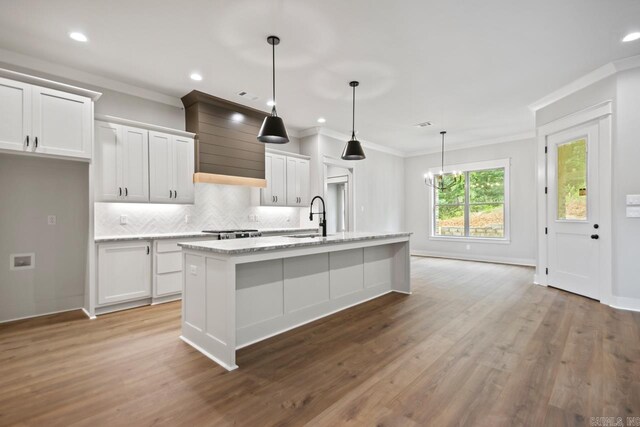9313 Wooddale Dr, Sherwood, AR 72120 - kitchen featuring a sink, crown molding, backsplash, custom range hood, and light wood-type flooring