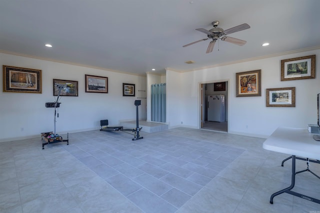 224 Peartree, Jacksonville, AR 72076 - exercise area with crown molding, ceiling fan, recessed lighting, baseboards, and tile patterned flooring