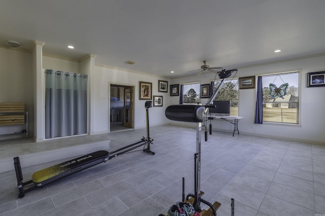 224 Peartree, Jacksonville, AR 72076 - exercise area featuring ornamental molding, ceiling fan, tile patterned floors, recessed lighting, and baseboards