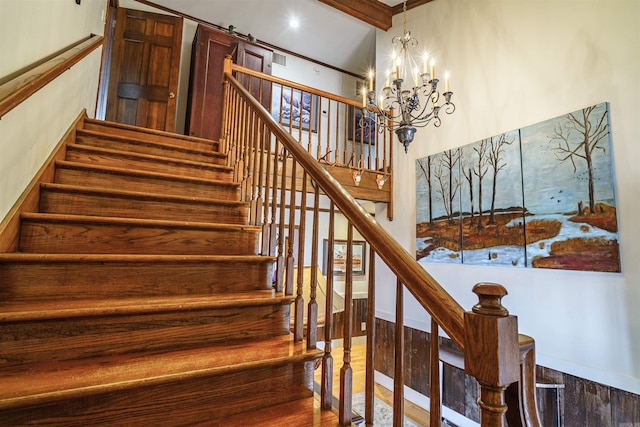 2005 Kingshighway, Weiner, AR 72479 - stairway featuring a barn door, a chandelier, and beamed ceiling