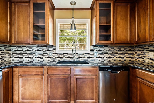 821 Mcadoo St, Little Rock, AR 72205 - kitchen with dishwasher, a sink, decorative backsplash, brown cabinets, and ornamental molding