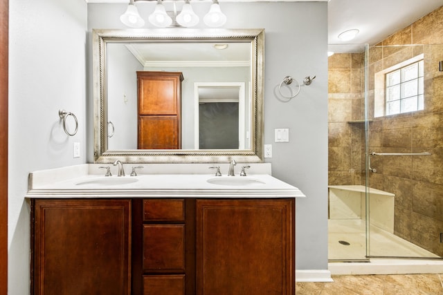821 Mcadoo St, Little Rock, AR 72205 - full bathroom featuring a stall shower, ornamental molding, and double vanity