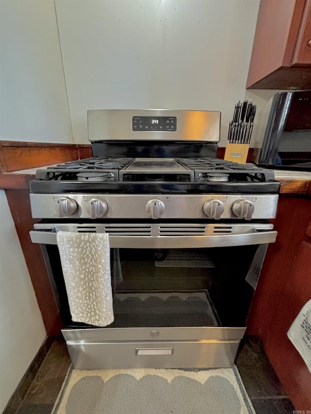 kitchen view of stainless steel gas range