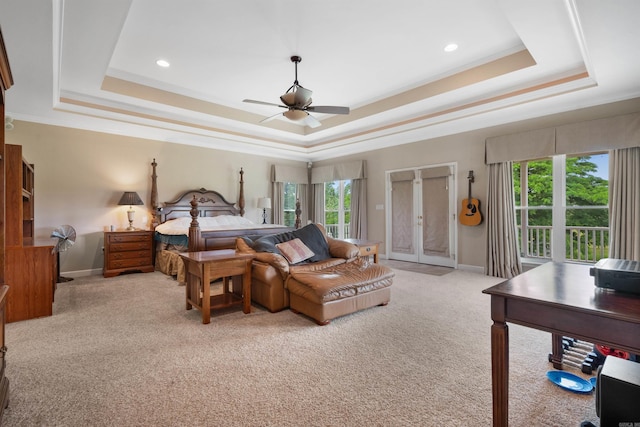 1325 El Dorado, Benton, AR 72019 - bedroom featuring a tray ceiling, light carpet, access to exterior, baseboards, and ornamental molding