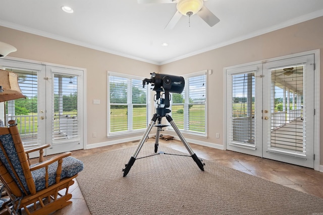 1325 El Dorado, Benton, AR 72019 - exercise room featuring french doors, ornamental molding, ceiling fan, baseboards, and tile patterned flooring