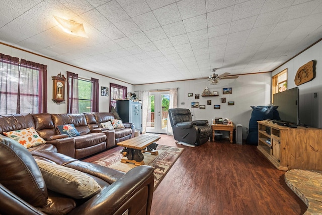 106 Gareth Ct, Hot Springs National Park, AR 71913 - living area featuring wood finished floors, a ceiling fan, ornamental molding, and french doors