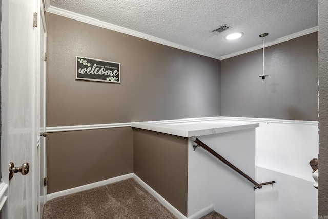 26 Destino Way, Hot Springs Village, AR 71909 - stairs featuring a textured ceiling, carpet flooring, crown molding, and baseboards
