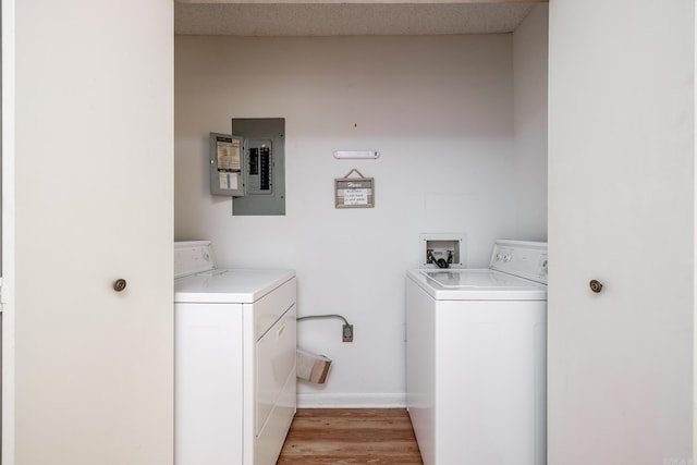 26 Destino Way, Hot Springs Village, AR 71909 - washroom with washer and dryer, electric panel, light wood-style flooring, and baseboards