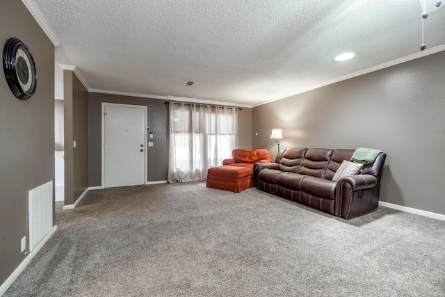 26 Destino Way, Hot Springs Village, AR 71909 - carpeted living room with crown molding, a textured ceiling, and baseboards