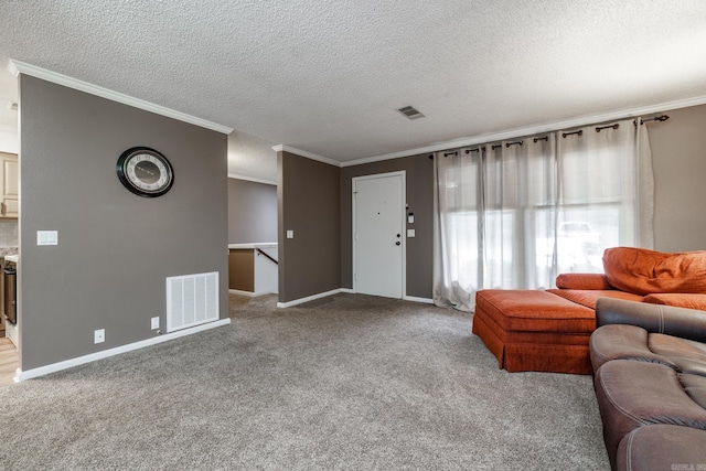 26 Destino Way, Hot Springs Village, AR 71909 - living area with ornamental molding, light colored carpet, a textured ceiling, and baseboards