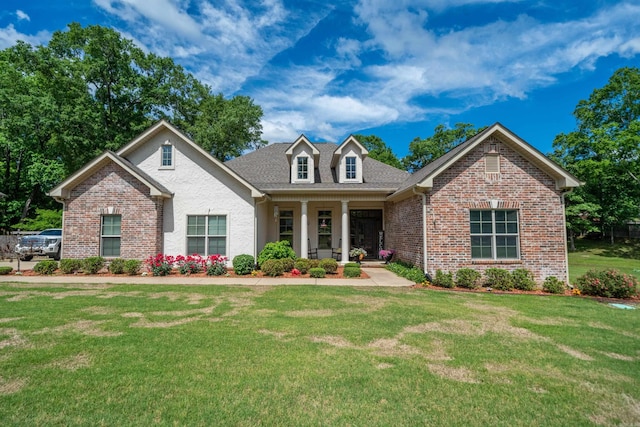 253 High Meadow Loop, Hot Springs, AR 71901 - view of front facade featuring brick siding, a front yard, a porch, and a shingled roof