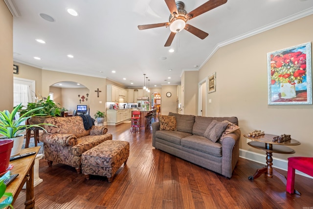 253 High Meadow Loop, Hot Springs, AR 71901 - living room with ornamental molding, wood-type flooring, ceiling fan, arched walkways, and recessed lighting