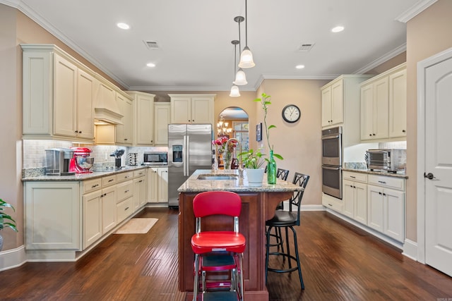 253 High Meadow Loop, Hot Springs, AR 71901 - kitchen with stainless steel appliances, light stone countertops, crown molding, a kitchen island with sink, and a sink