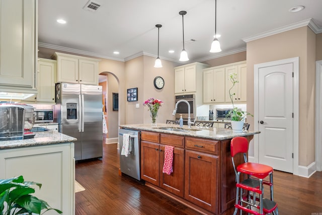 253 High Meadow Loop, Hot Springs, AR 71901 - kitchen with stainless steel appliances, arched walkways, a sink, dark wood finished floors, and ornamental molding