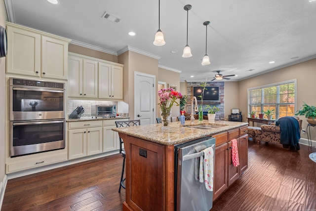 253 High Meadow Loop, Hot Springs, AR 71901 - kitchen with a sink, appliances with stainless steel finishes, open floor plan, a ceiling fan, and ornamental molding