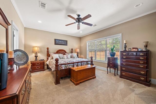 253 High Meadow Loop, Hot Springs, AR 71901 - bedroom with light colored carpet, baseboards, crown molding, recessed lighting, and ceiling fan