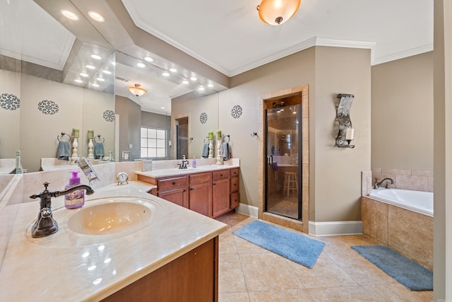 253 High Meadow Loop, Hot Springs, AR 71901 - bathroom featuring ornamental molding, a stall shower, a garden tub, vanity, and tile patterned flooring