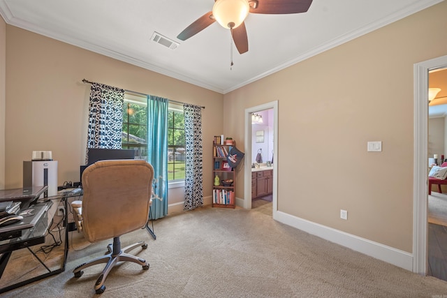 253 High Meadow Loop, Hot Springs, AR 71901 - carpeted home office featuring crown molding, ceiling fan, and baseboards