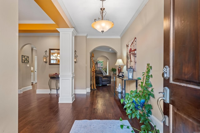 253 High Meadow Loop, Hot Springs, AR 71901 - entryway with arched walkways, dark wood-type flooring, baseboards, ornate columns, and ornamental molding