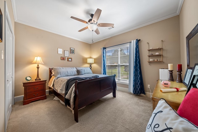 253 High Meadow Loop, Hot Springs, AR 71901 - bedroom with light carpet, baseboards, ornamental molding, and ceiling fan