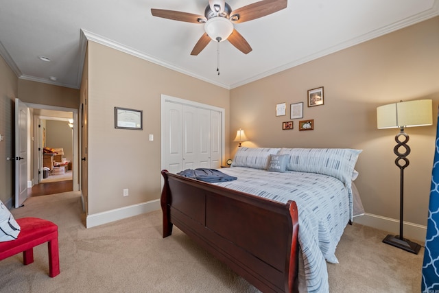 253 High Meadow Loop, Hot Springs, AR 71901 - bedroom featuring light carpet, baseboards, ornamental molding, a closet, and a ceiling fan