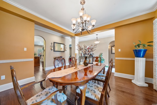 253 High Meadow Loop, Hot Springs, AR 71901 - dining space with arched walkways, a chandelier, hardwood / wood-style flooring, baseboards, and crown molding