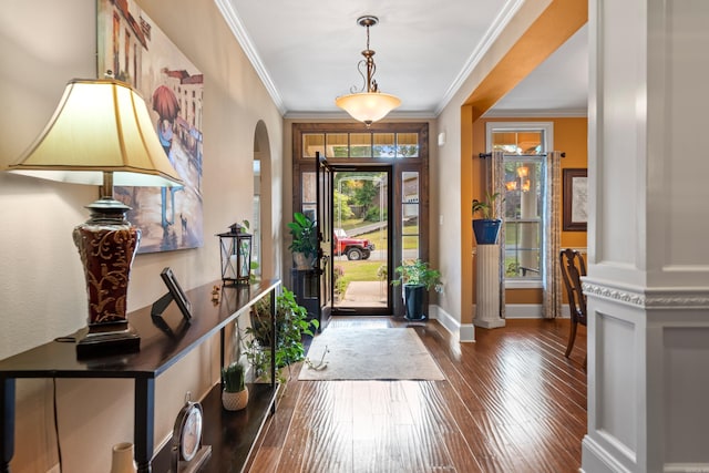 253 High Meadow Loop, Hot Springs, AR 71901 - foyer with arched walkways, dark wood finished floors, baseboards, and ornamental molding