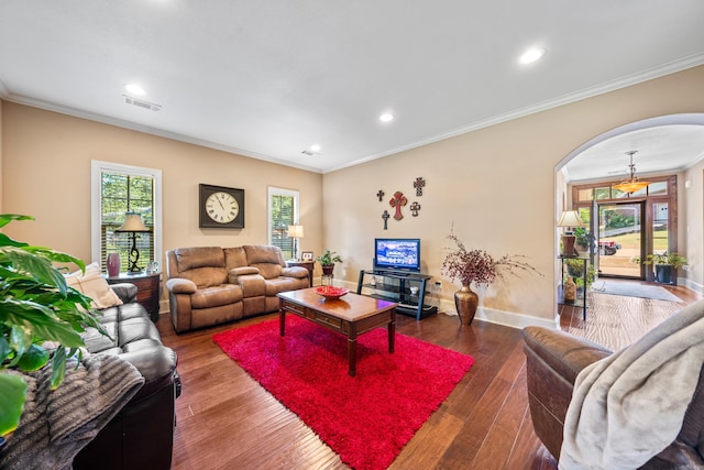 253 High Meadow Loop, Hot Springs, AR 71901 - living area with crown molding, arched walkways, recessed lighting, wood finished floors, and baseboards