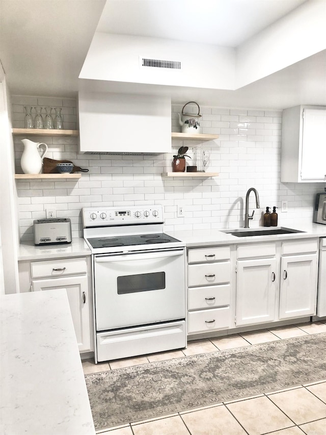 501 Belvedere Dr Unit C-1, Hot Springs, AR 71901 - kitchen with white range with electric cooktop, a sink, open shelves, and backsplash