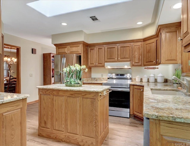 21 Conquista Ln, Hot Springs Village, AR 71909 - kitchen with stainless steel appliances, a sink, light wood finished floors, under cabinet range hood, and recessed lighting