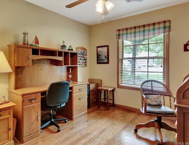 21 Conquista Ln, Hot Springs Village, AR 71909 - office area with light wood finished floors, a ceiling fan, and baseboards