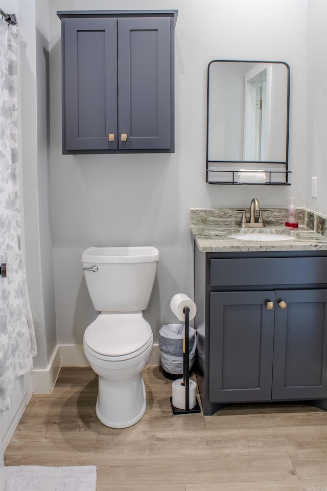 135 Serenity Loop, Glenwood, AR 71943 - bathroom with wood finished floors, toilet, vanity, baseboards, and curtained shower