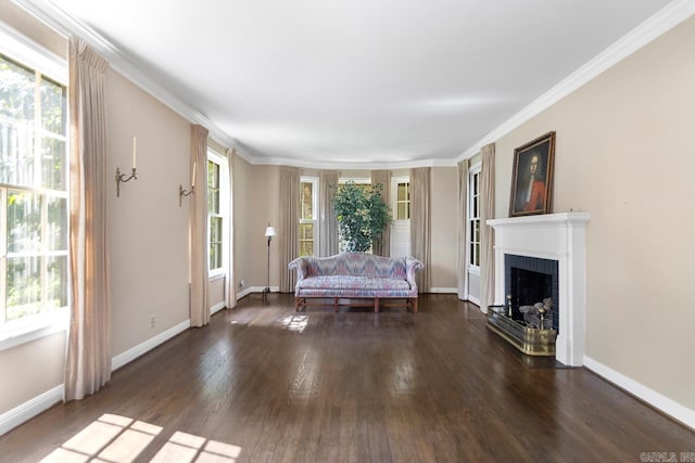 2424 N Fillmore St, Little Rock, AR 72207 - living area featuring dark wood-style floors, a fireplace with flush hearth, baseboards, and crown molding