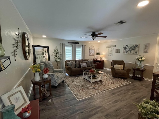 142 Timber Ridge Ln, El Dorado, AR 71730 - living area with a ceiling fan, dark wood-style flooring, recessed lighting, baseboards, and crown molding