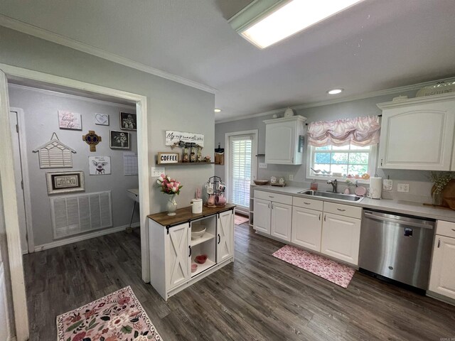142 Timber Ridge Ln, El Dorado, AR 71730 - kitchen featuring dishwasher, a sink, crown molding, white cabinetry, and dark wood-style floors